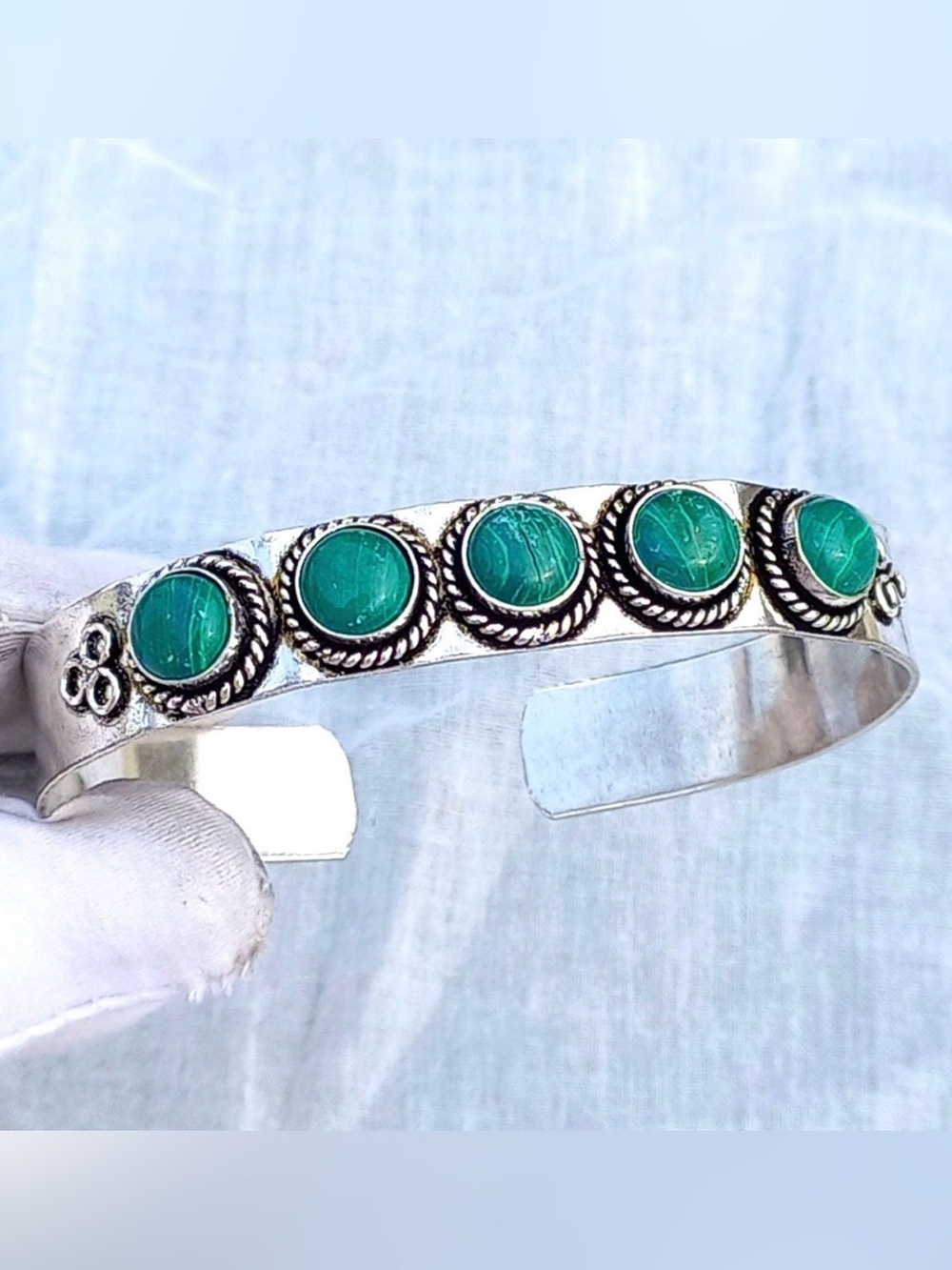 Handcrafted Boho Malachite Sterling Silver Bangle Bracelet